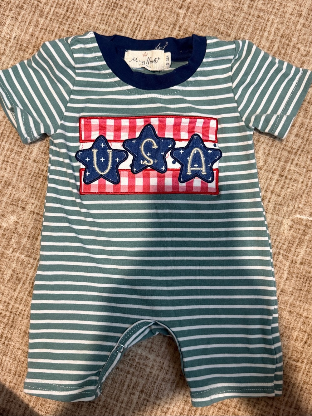 Marie Nicole Green Stripe Baby One-Piece Romper with Navy Star Applique USA